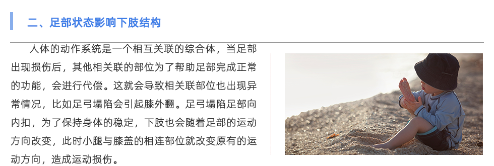 人體的動作系統(tǒng)是一個相互關(guān)聯(lián)的綜合體，當(dāng)足部出現(xiàn)損傷后，其他相關(guān)聯(lián)的部位為了幫助足部完成正常的功能，會進行代償。這就會導(dǎo)致相關(guān)聯(lián)部位也出現(xiàn)異常情況，比如足弓塌陷會引起膝外翻。足弓塌陷足部向內(nèi)扣，為了保持身體的穩(wěn)定，下肢也會隨著足部的運動方向改變，此時小腿與膝蓋的相連部位就改變原有的運動方向，造成運動損傷。